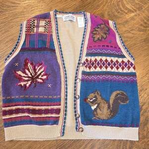 Jantzen Hand Embroidered Knit Vest XL Squirrel & Leaf Autumn Sweater Cottage